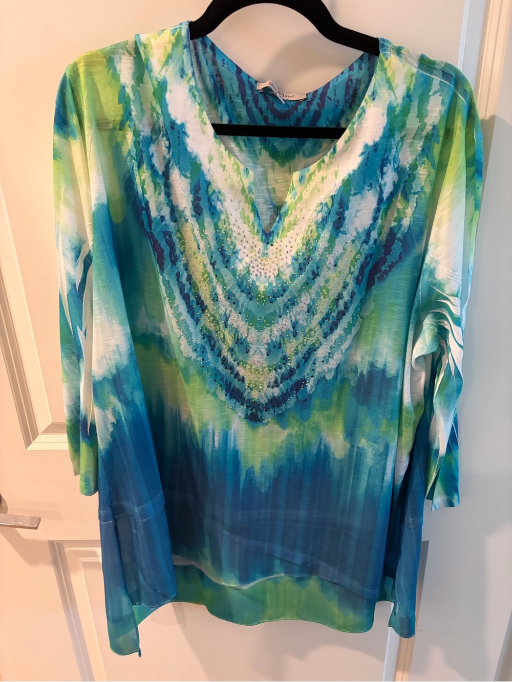 Jane & Jane Tie-Dye Embellished Tunic Top – Blue & Green